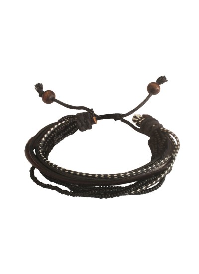 Menjewell Stylish Genuine Leather Multicolor  Multilayer Braided Black Beads & Rope Bracelet